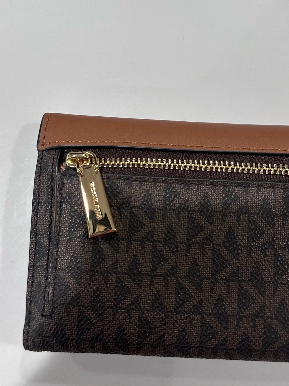 Michael Kors Cognac and Dark Brown Zip Continental Wallet with Gold Hardware